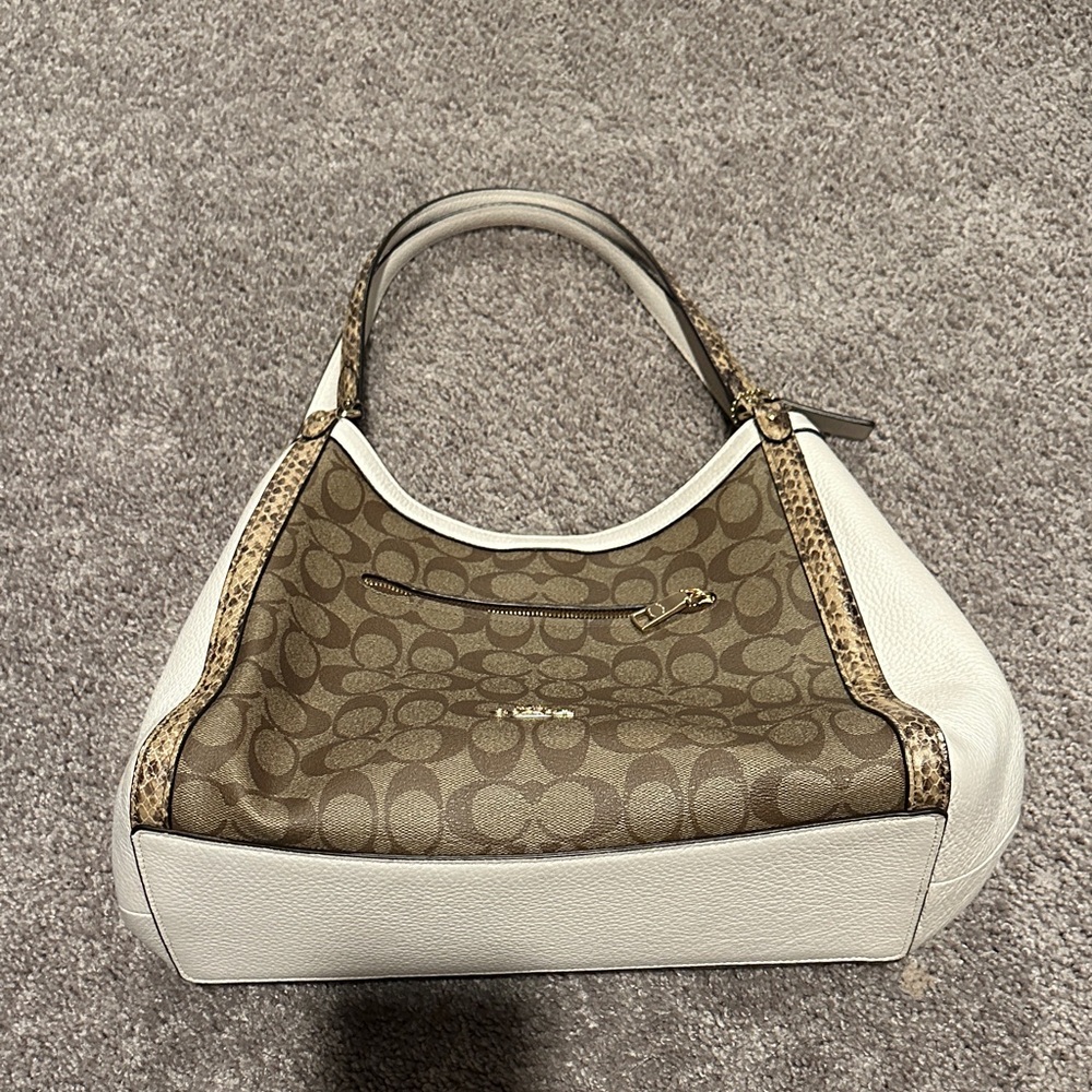 Coach Tan Signature Canvas Hobo with White Leather Trim